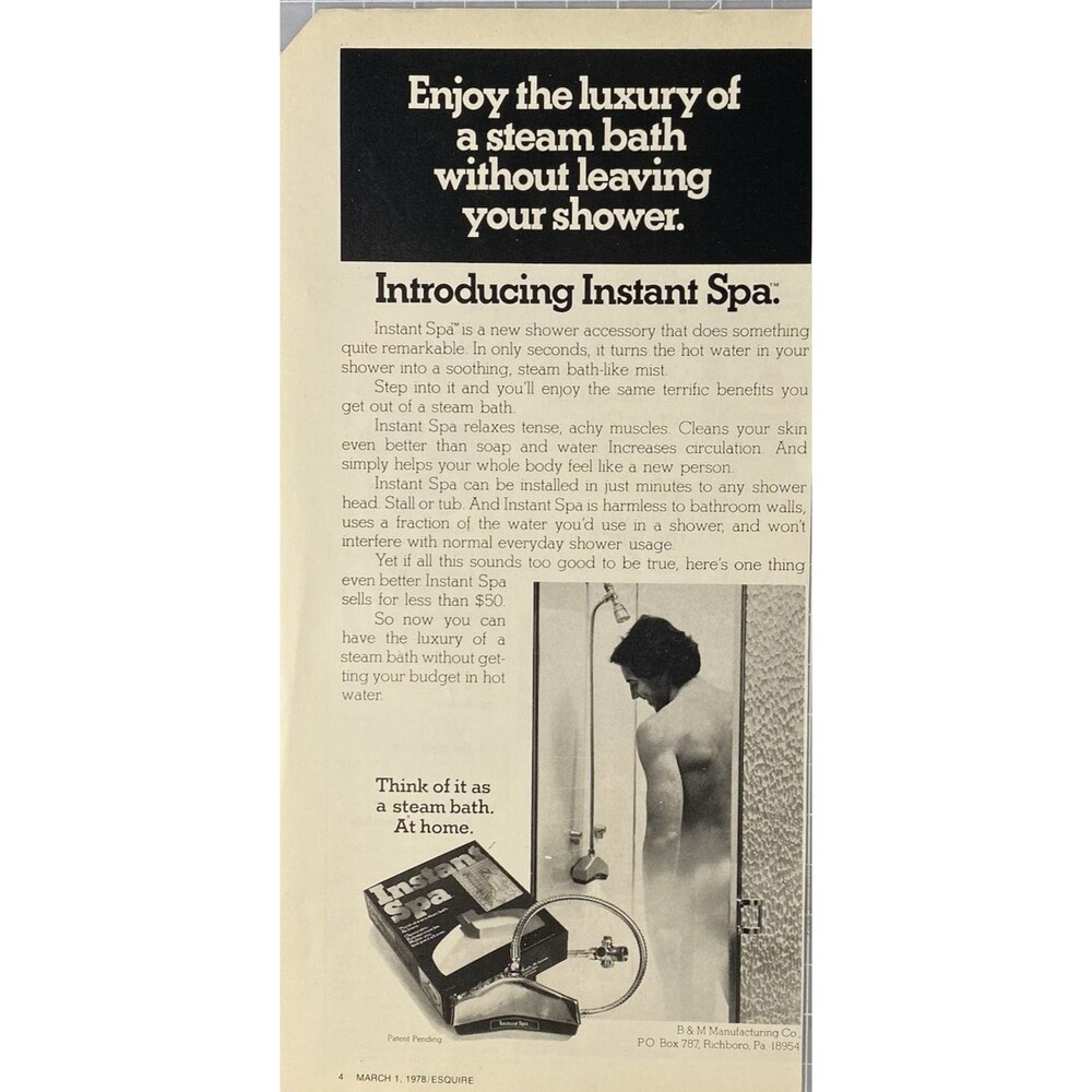B&M Manufact. Instant Spa "Steam bath w/o leaving shower" Vintage Print Ad 1978